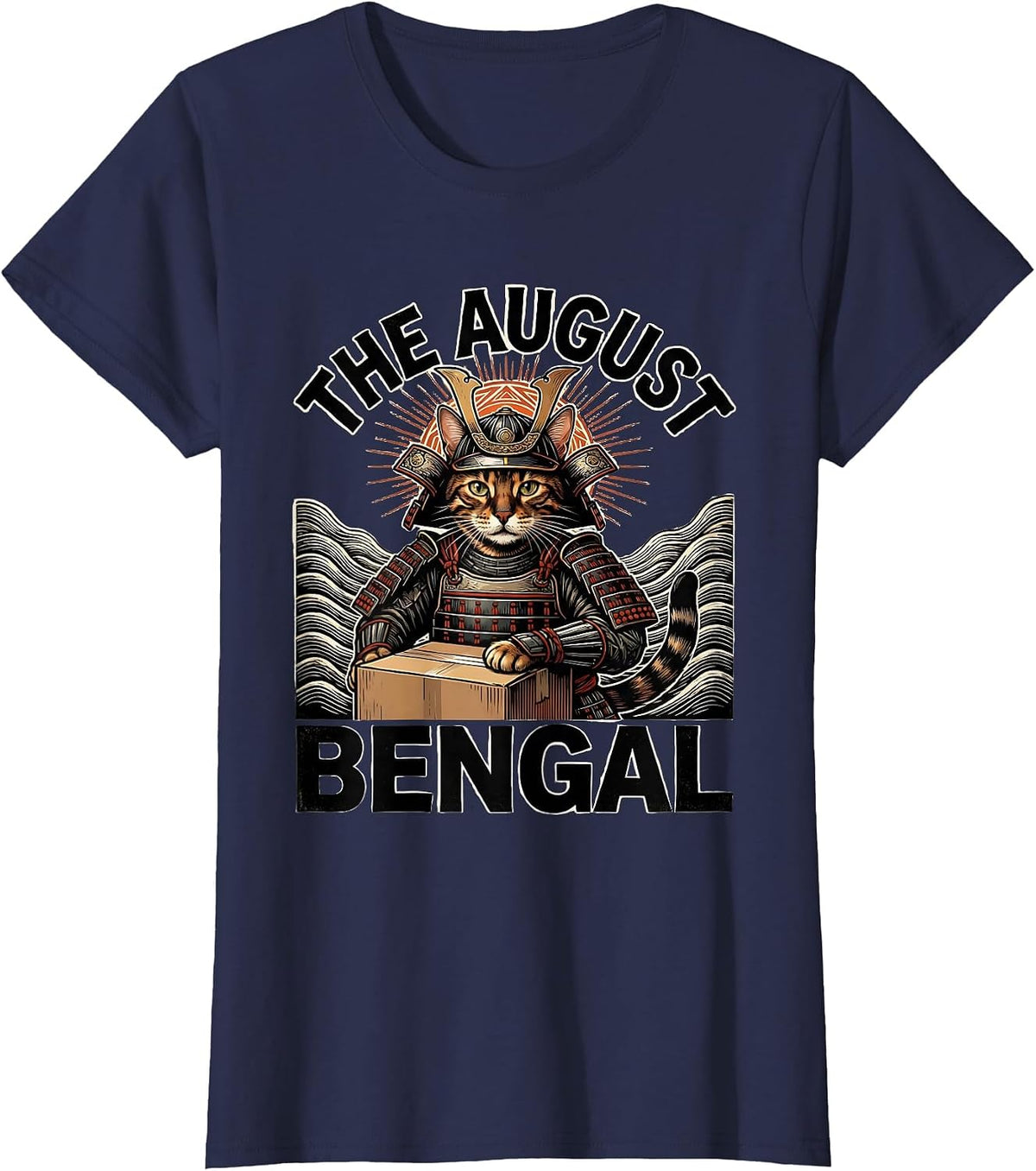 Women's The August Bengal Funny Bengal Cat Anime Warrior Art T-Shirt - Navy Blue