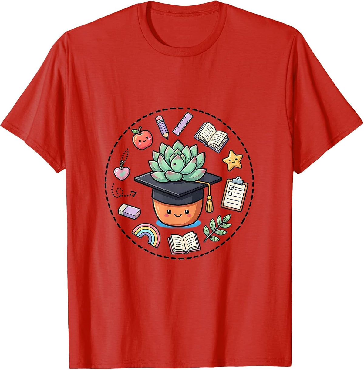 Men's Elementary Teacher Graduation Potted Plant Design T-Shirt - Red