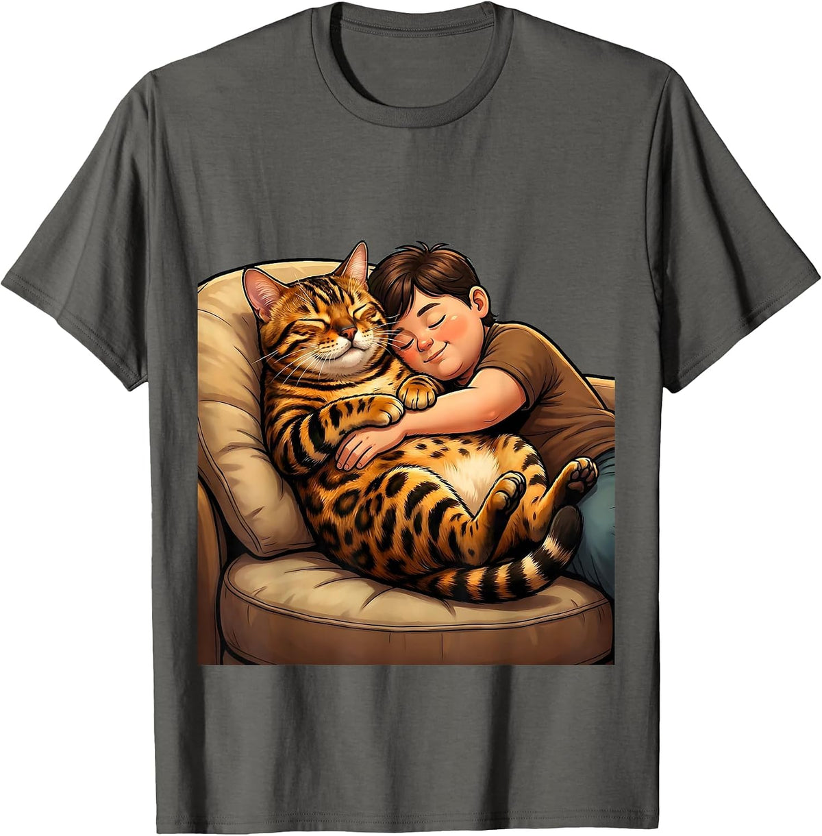 Men's Bengal Cat Napping With Owner Cozy Couch Scene T-Shirt - Asphalt Grey