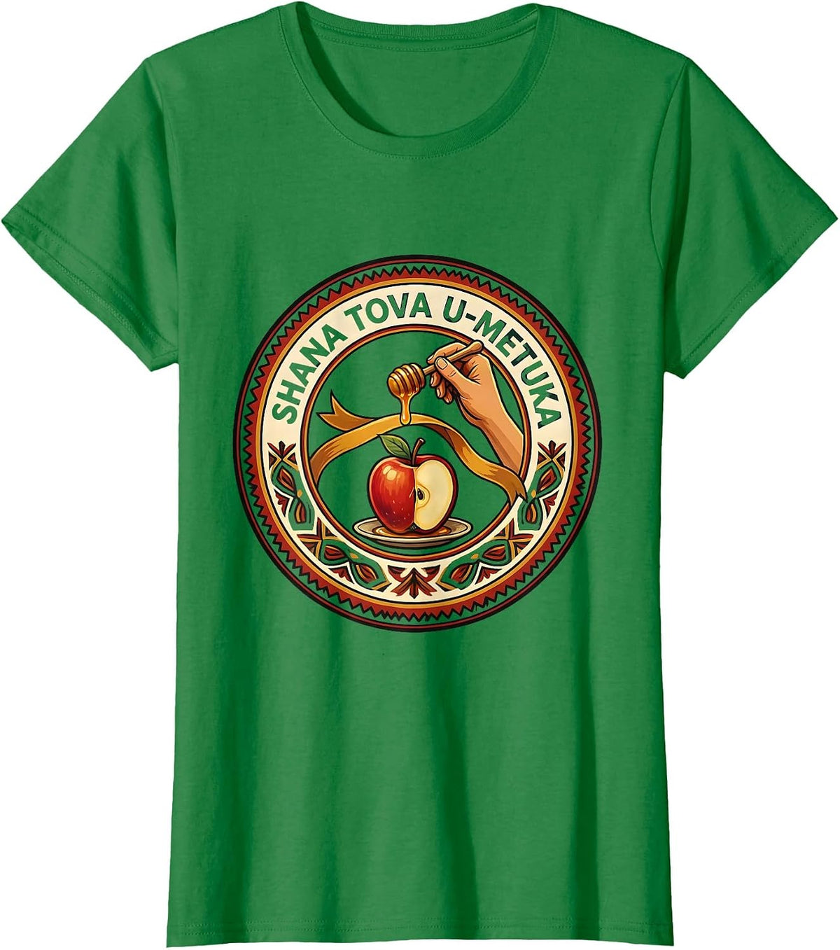Women's Shana Tova U'Metuka Folk Art Rosh Hashanah Jewish New Year T-Shirt - Kelly Green