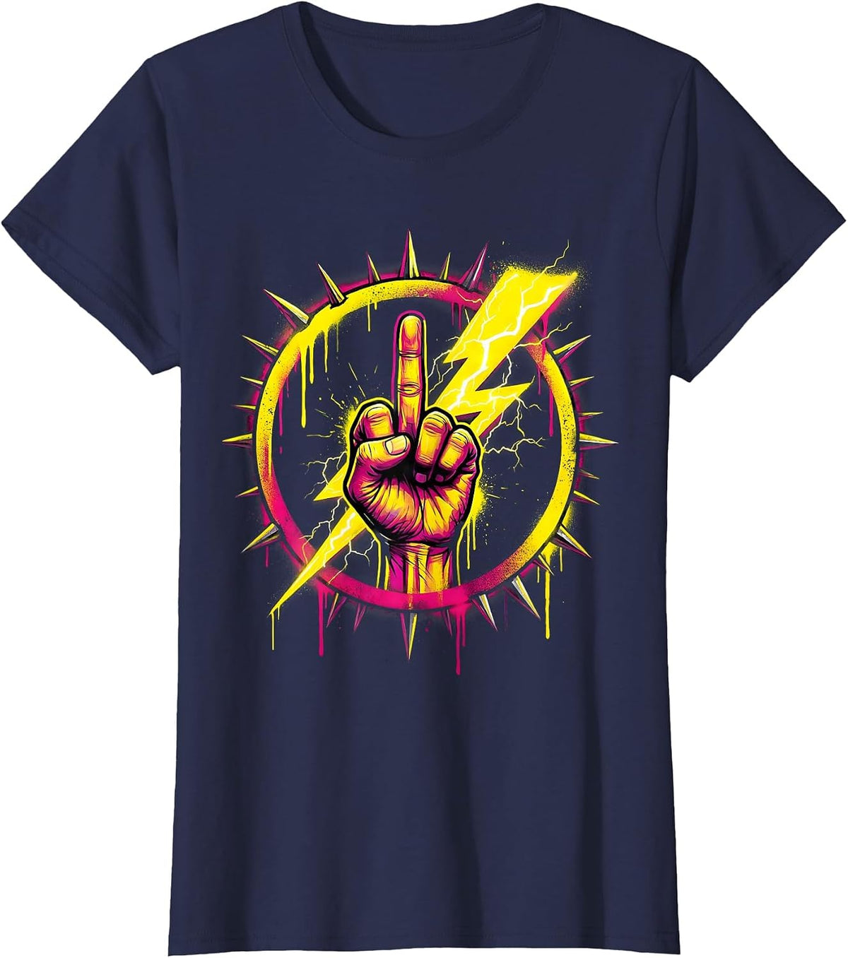 Women's Middle Finger Lightning Bolt Graphic Design T-Shirt - Navy Blue