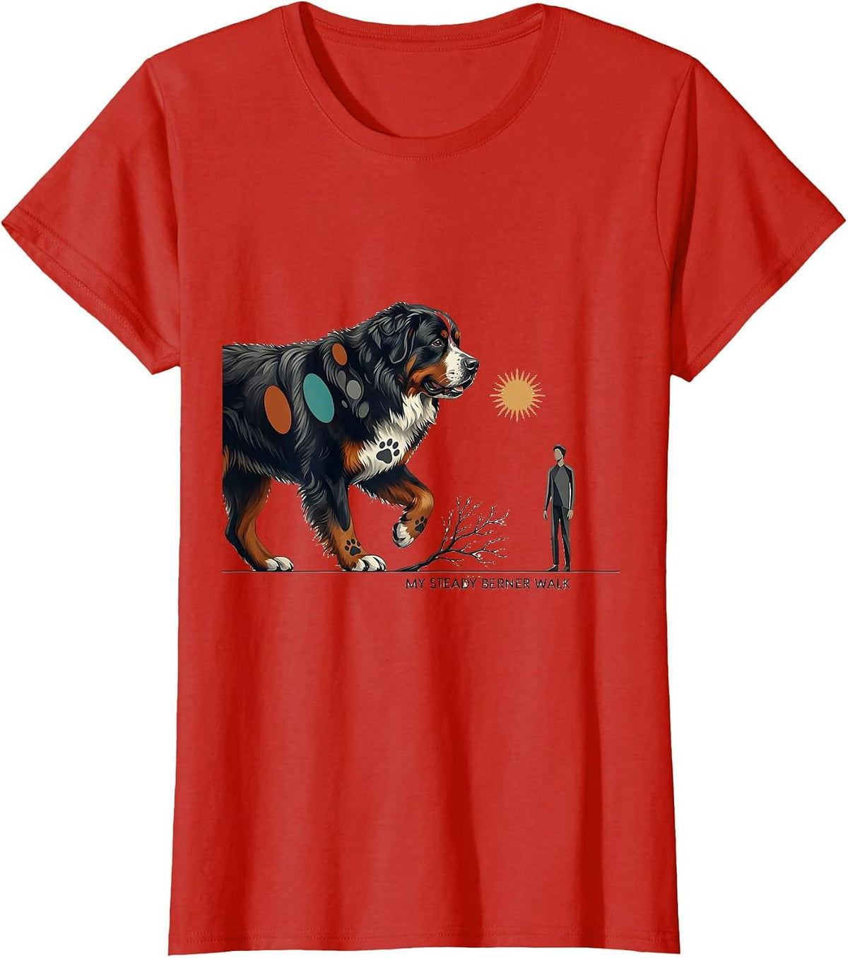 Women's My Steady Berner Walk Midcentury Modern Bernese Mountain Dog T-Shirt - Red