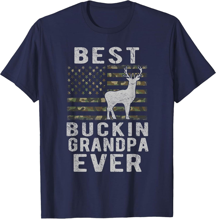Best Bucking Grandpa Ever Camouflage US Flag Deer Hunting T-Shirt - Navy Blue