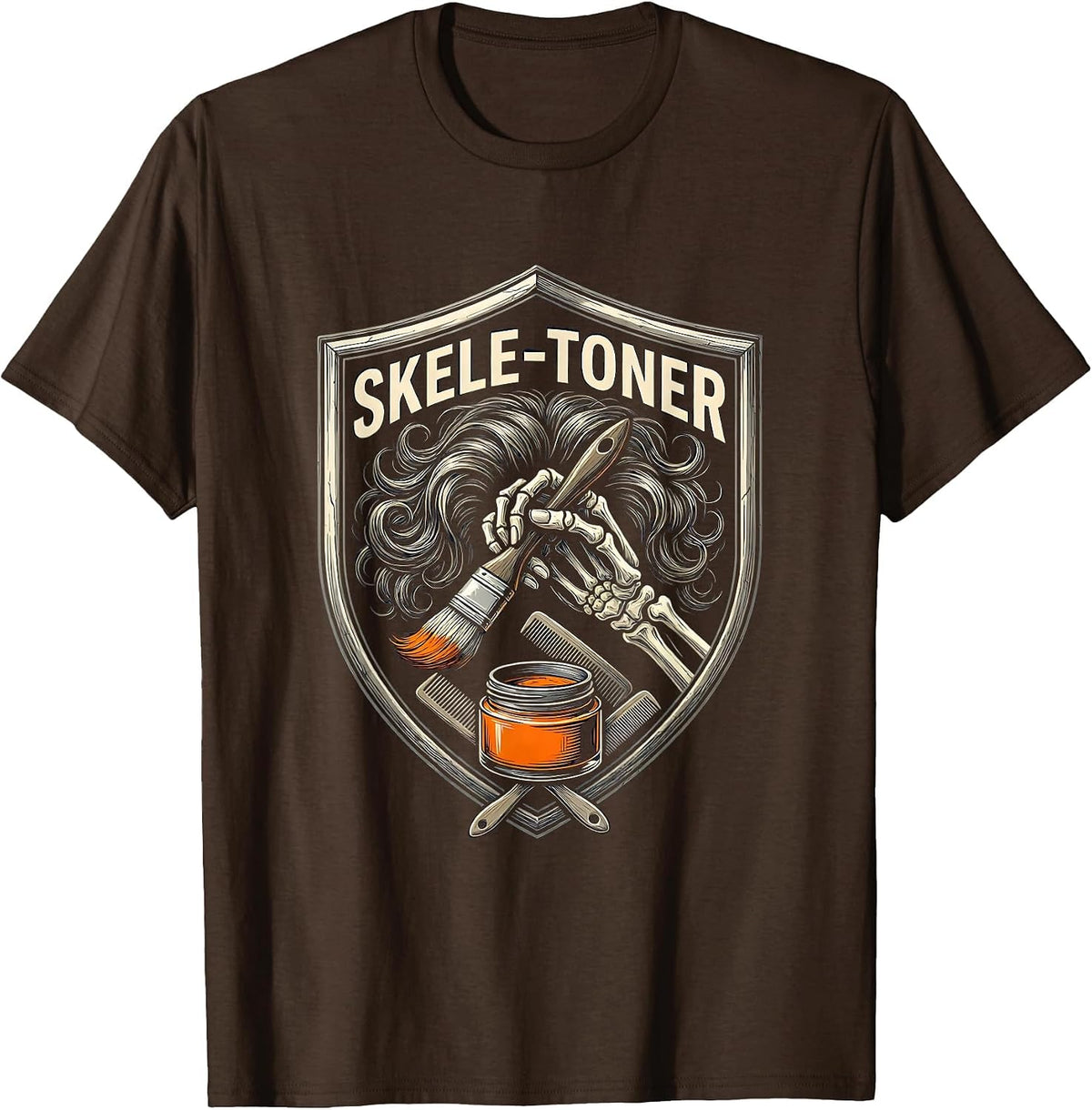 Skele-Toner Funny Halloween Skeleton Hairstylist Barber T-Shirt - Brown