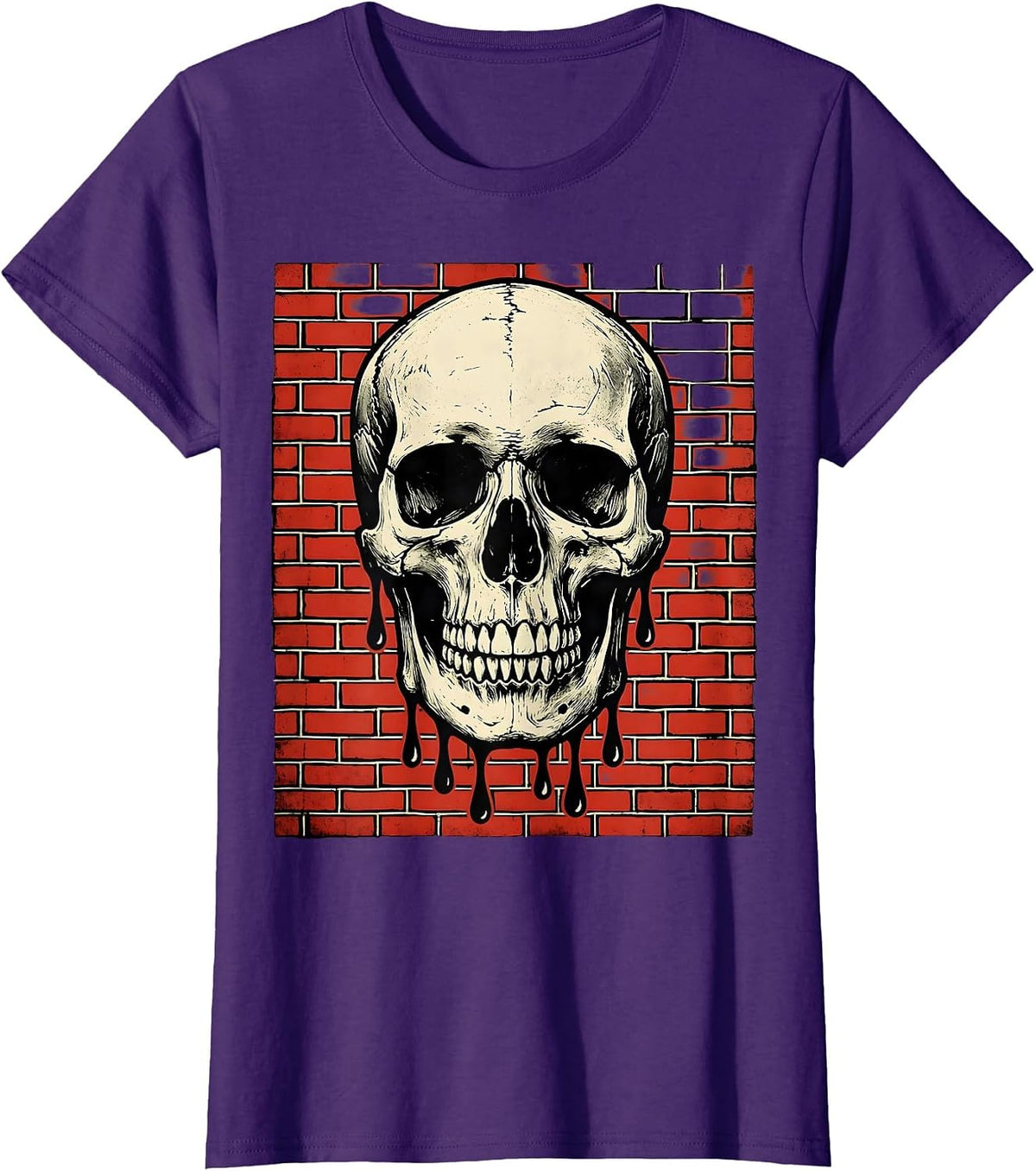 Women's Grunge Dripping Skull on Exposed Brick T-Shirt - Purple