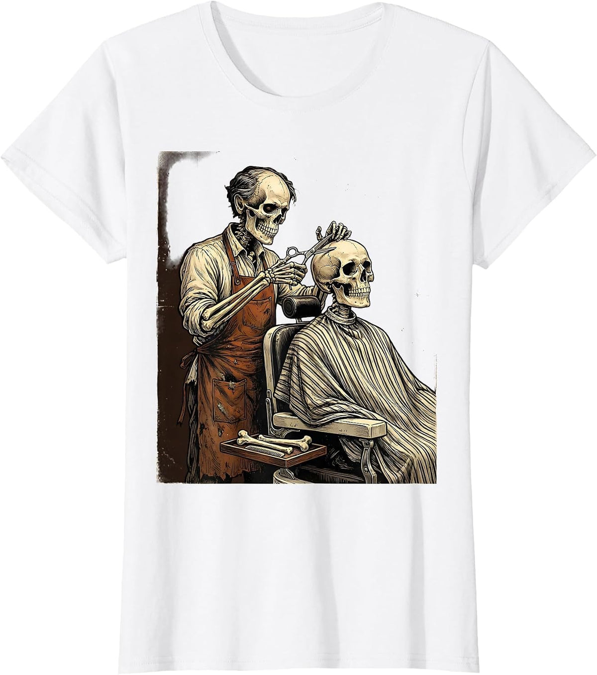 Skeleton Barber Haircut Funny Halloween Graphic T-Shirt - White