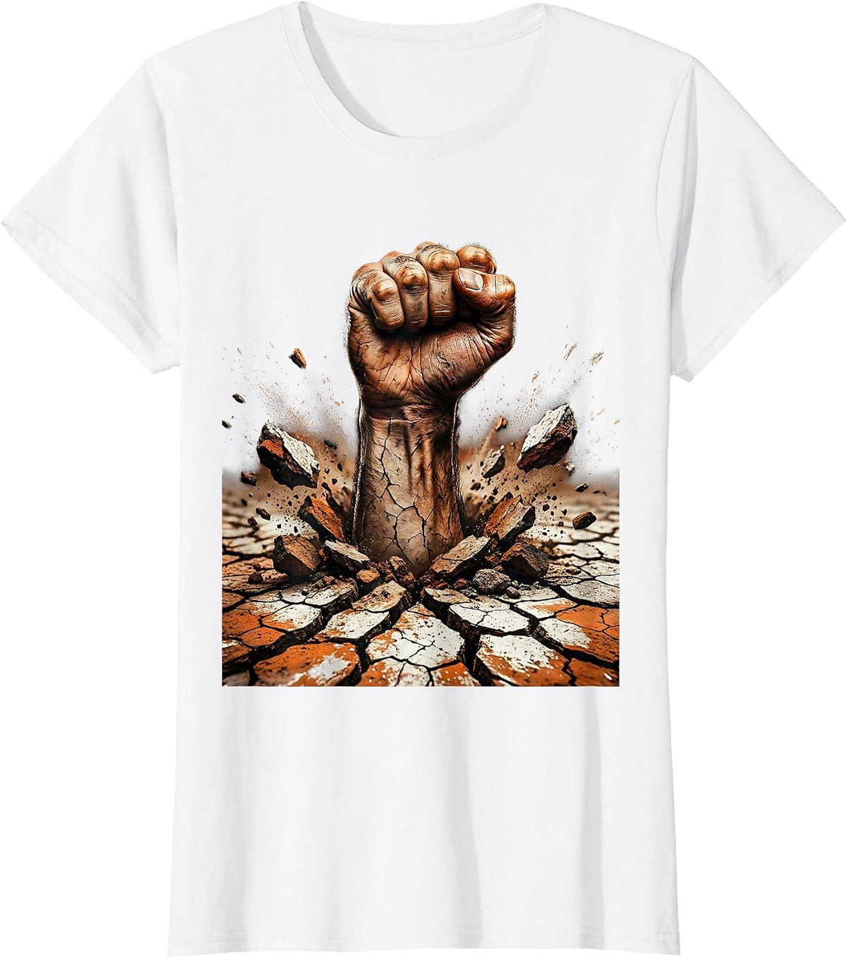 Women's Hand Bursting Through Cracked Earth Graphic T-Shirt - White