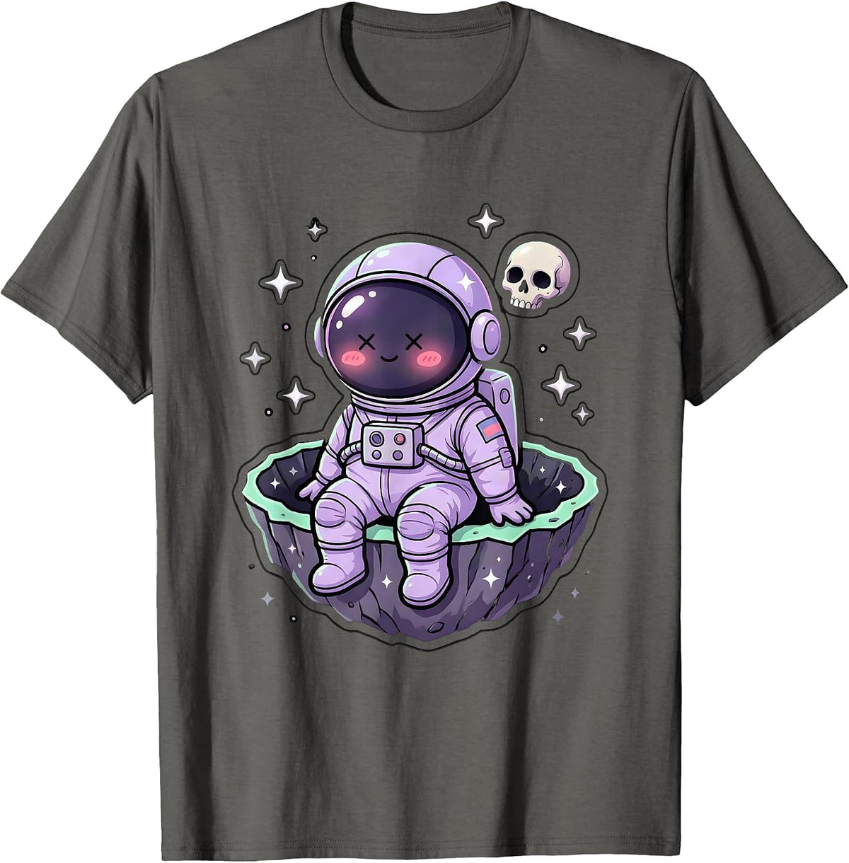 Astronaut Sitting on Crater Edge Space Art T-Shirt - Asphalt Grey