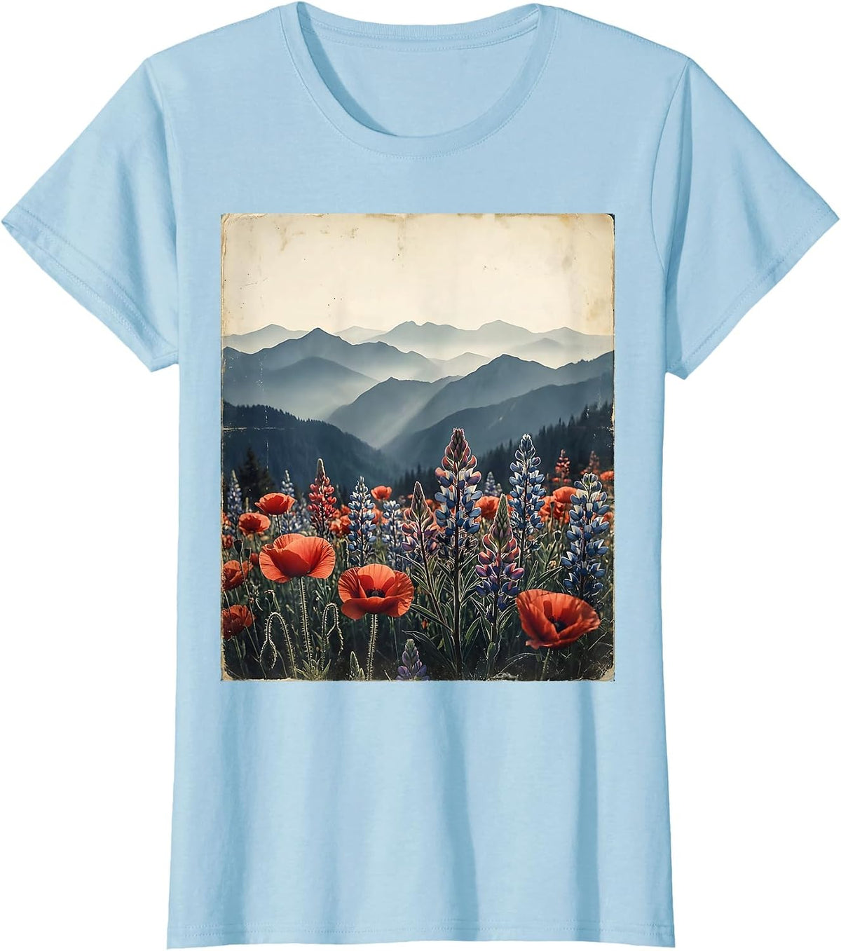 Blue Mountains Red Wildflowers Scenic Nature Design T-Shirt - Baby Blue