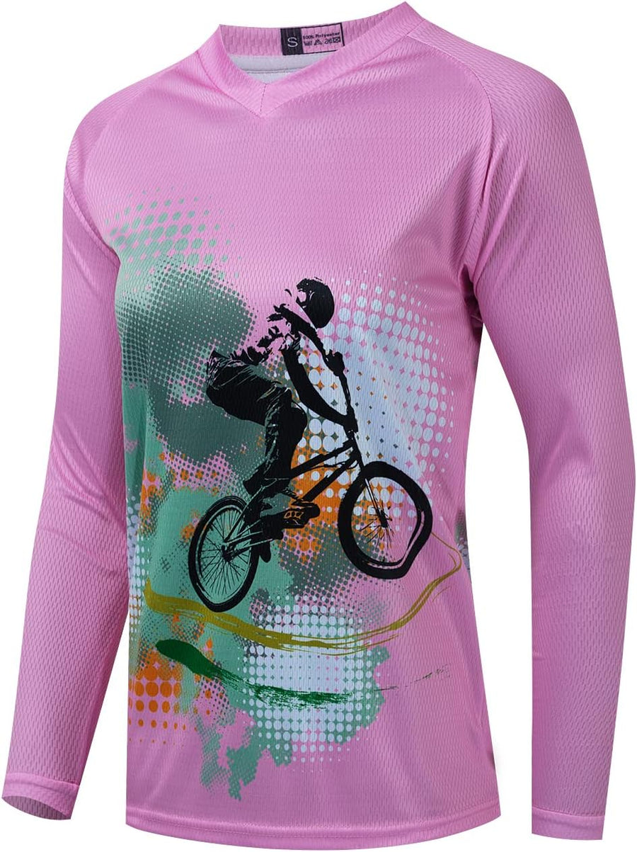 JPOJPO Women's Cycling Jersey MTB Downhill T-Shirt Long Sleeve Motorcycle Motocross Off-Road Clothing Quick-Dry S-XXL - 1pink