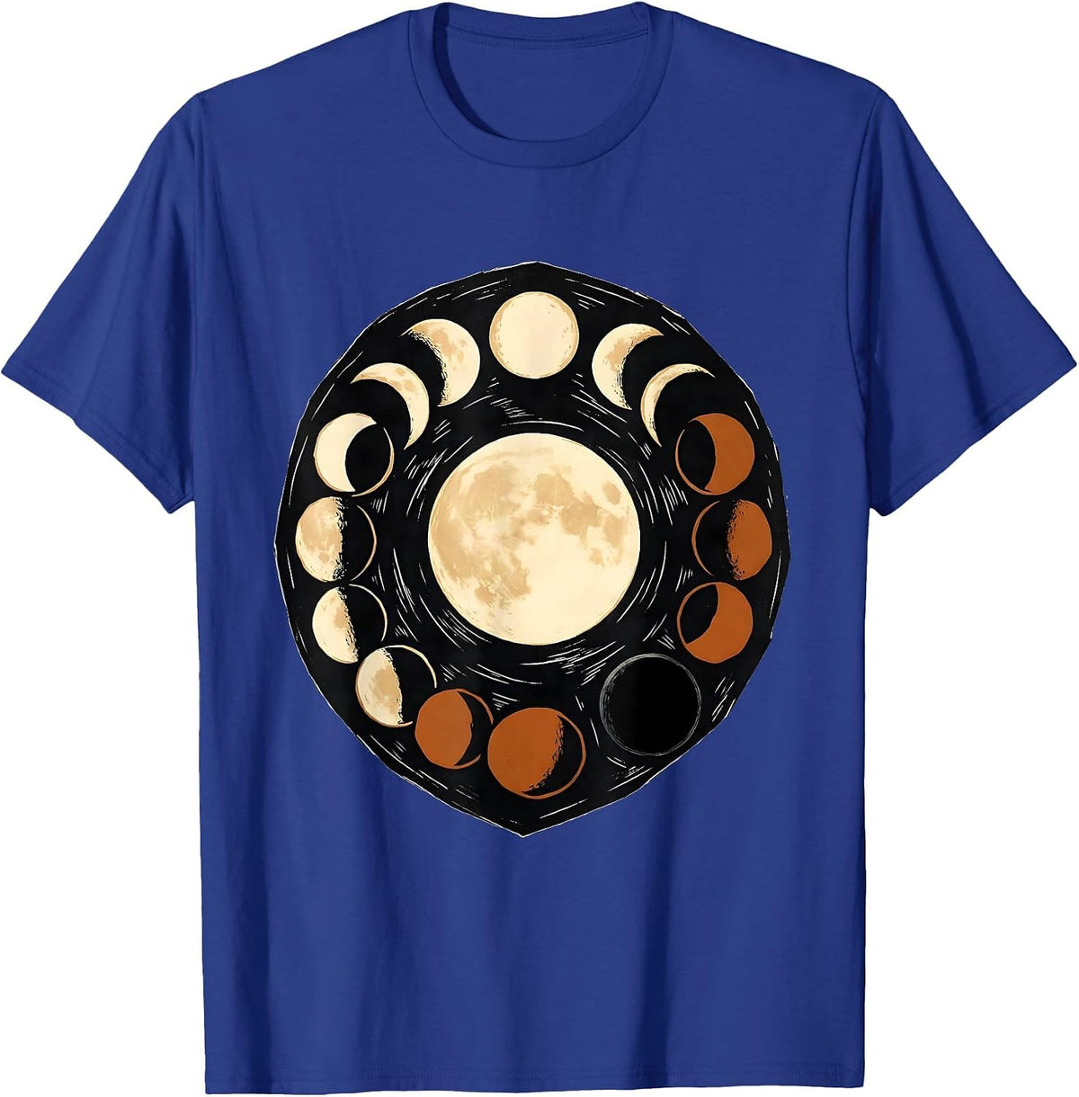 Lunar Phase Zigzag Linocut Astronomy Enthusiast T-Shirt - Royal Blue