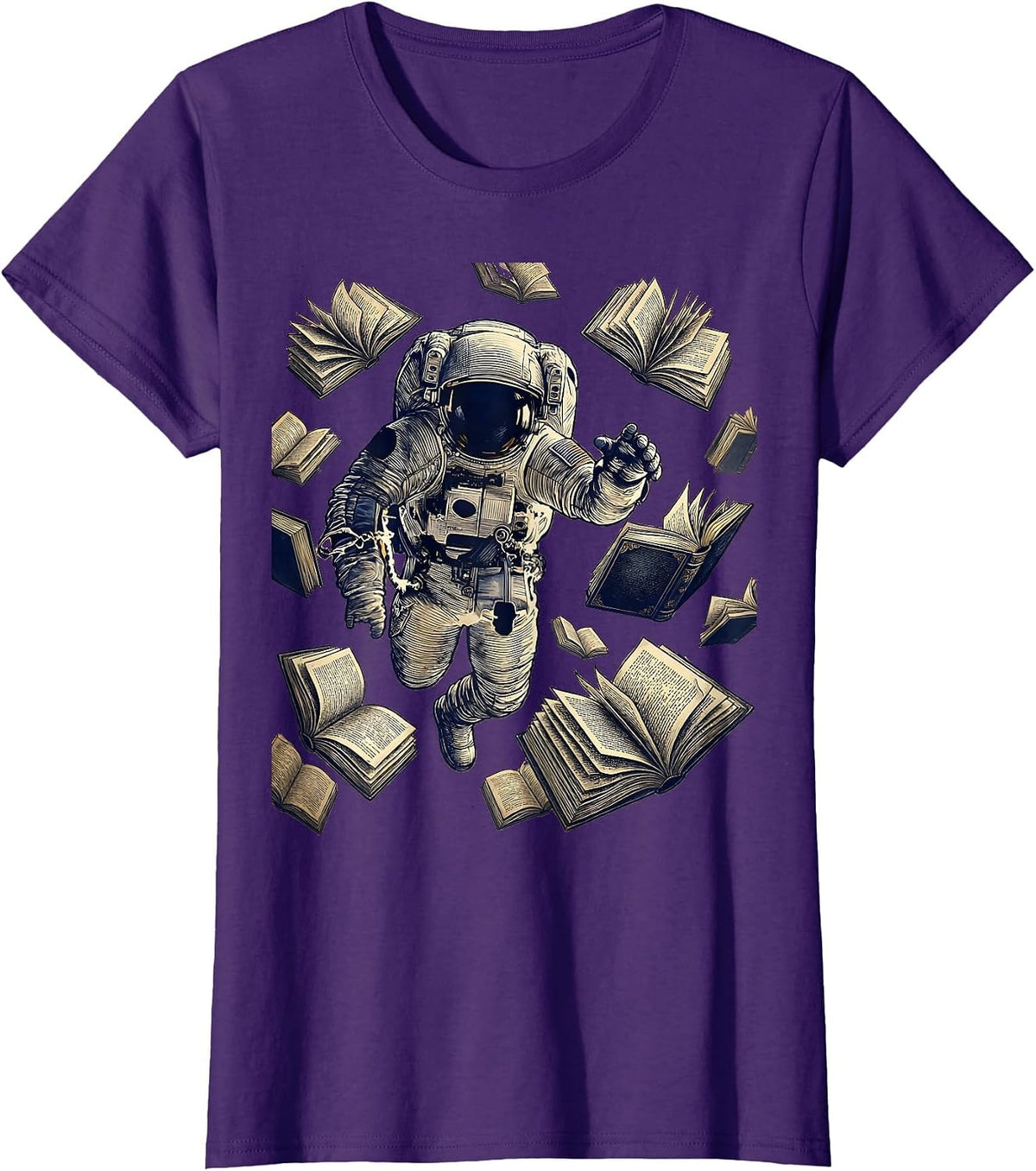 Women's Astronaut Floating Among Open Books Space Art T-Shirt - Purple