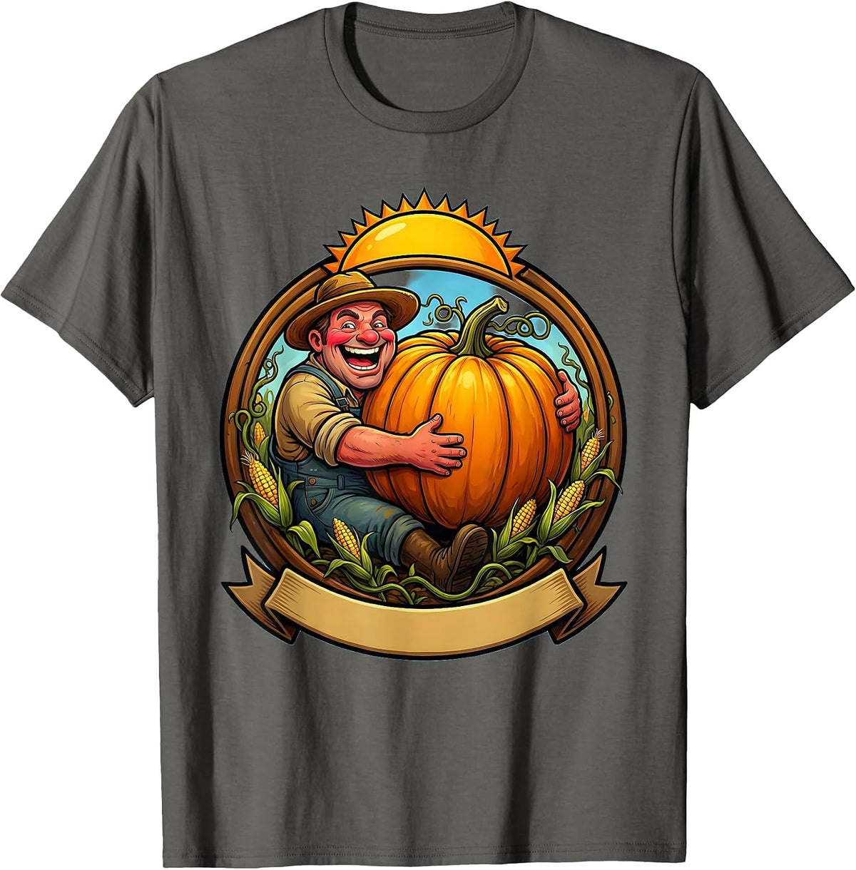 Farmer Cradling Pumpkin Harvest Field Illustration T-Shirt - Asphalt Grey