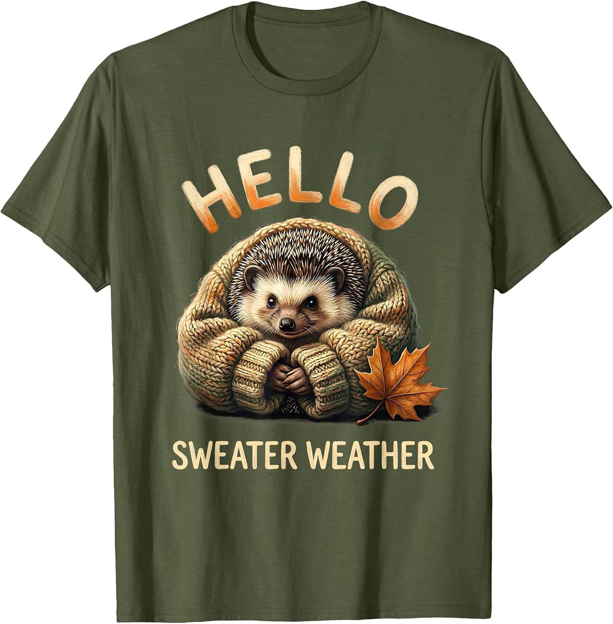Hello, Sweater Weather Storybook Hedgehog Cozy Fall Autumn T-Shirt - Olive Green