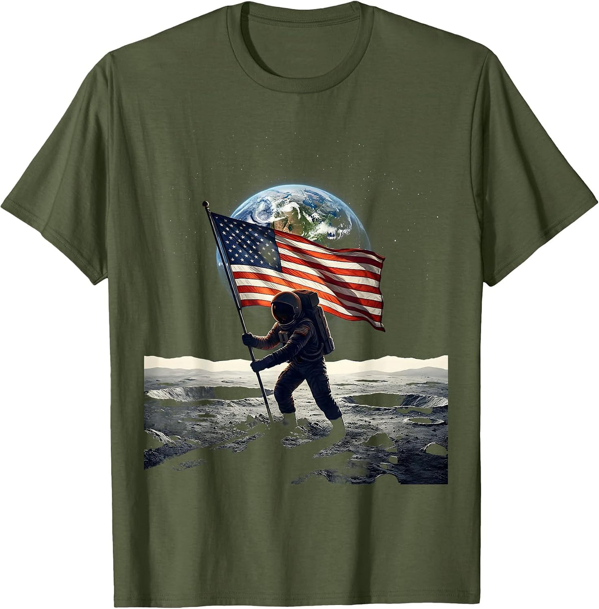 Astronaut Planting American Flag on the Moon T-Shirt - Olive Green