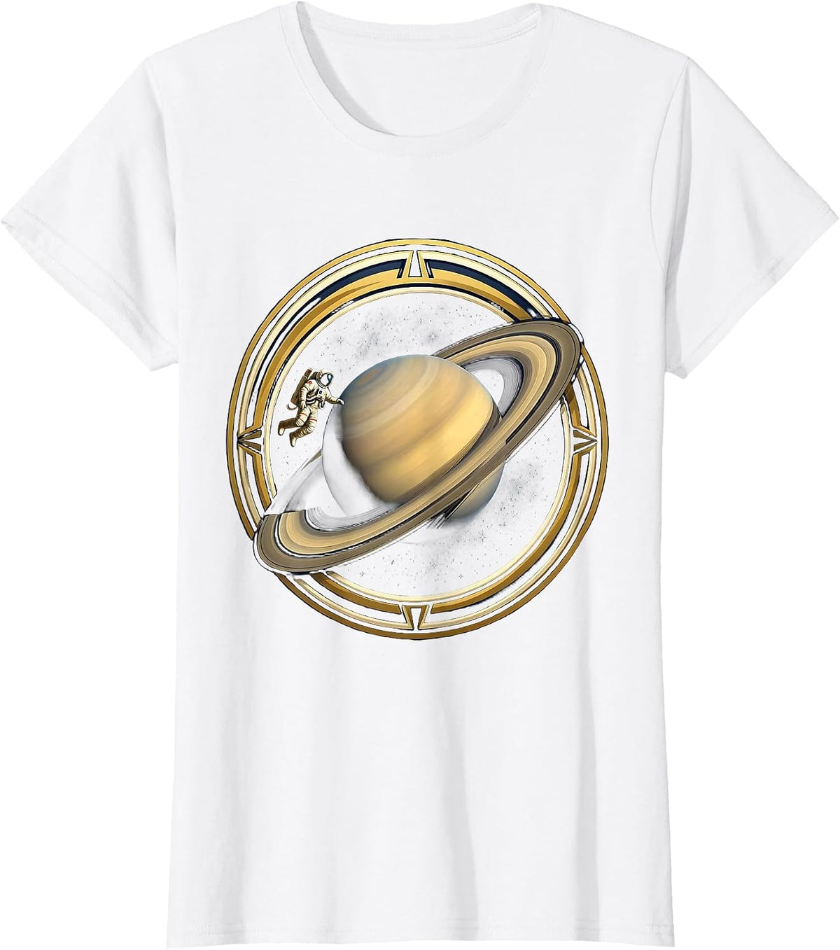 Women's Astronaut Silhouette Orbiting Ringed Planet T-Shirt - White