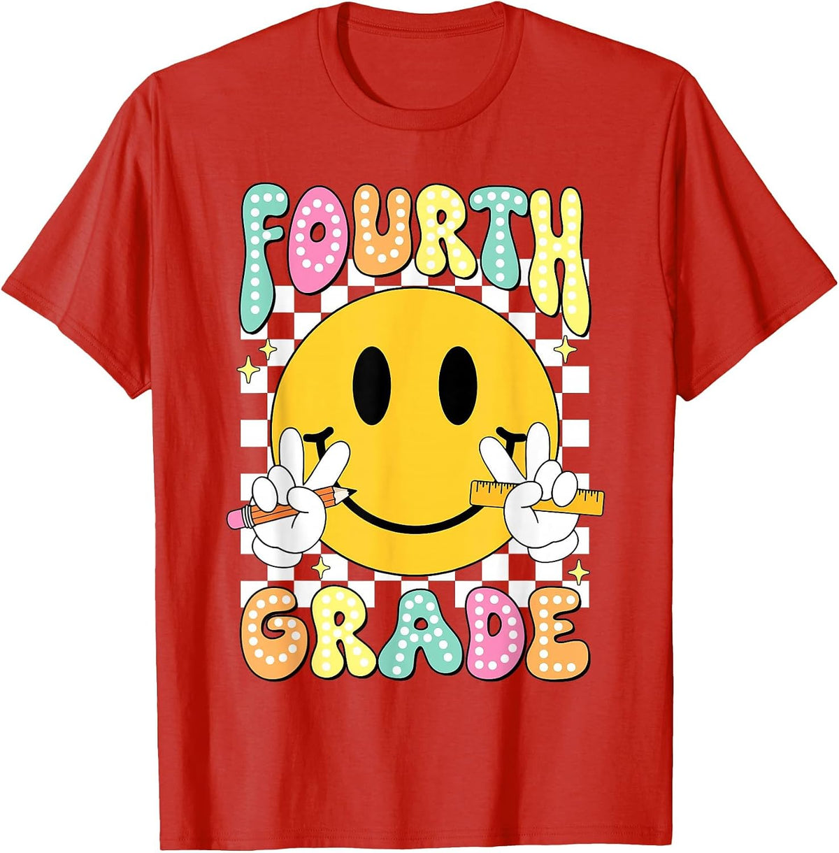 Hello Fourth Grade Smile Face Back to School Girls 4th Grade T-Shirt - Red