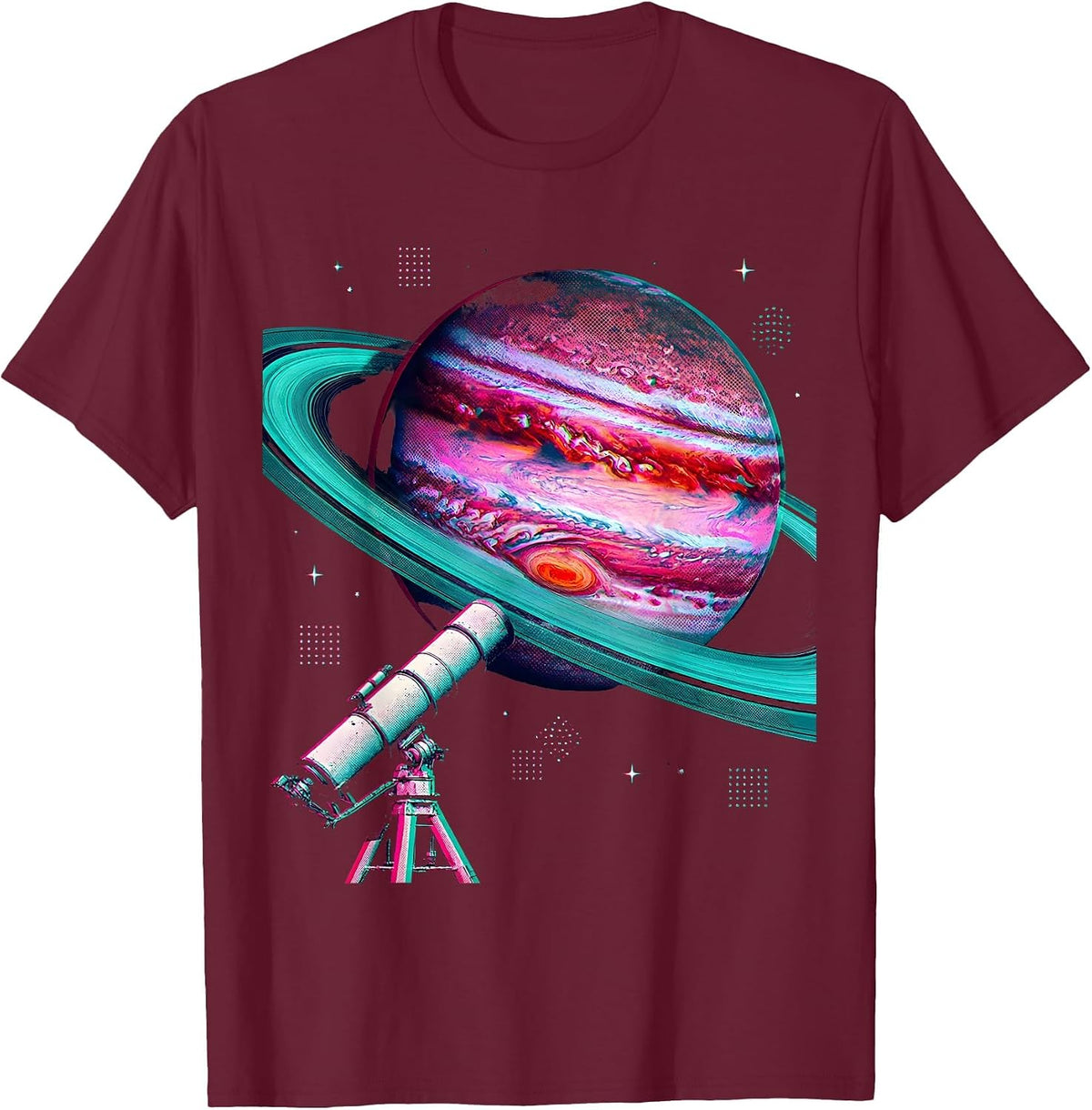 Men's Telescope Galaxy Ringed Gas Giant Space Art T-Shirt - Burgundy