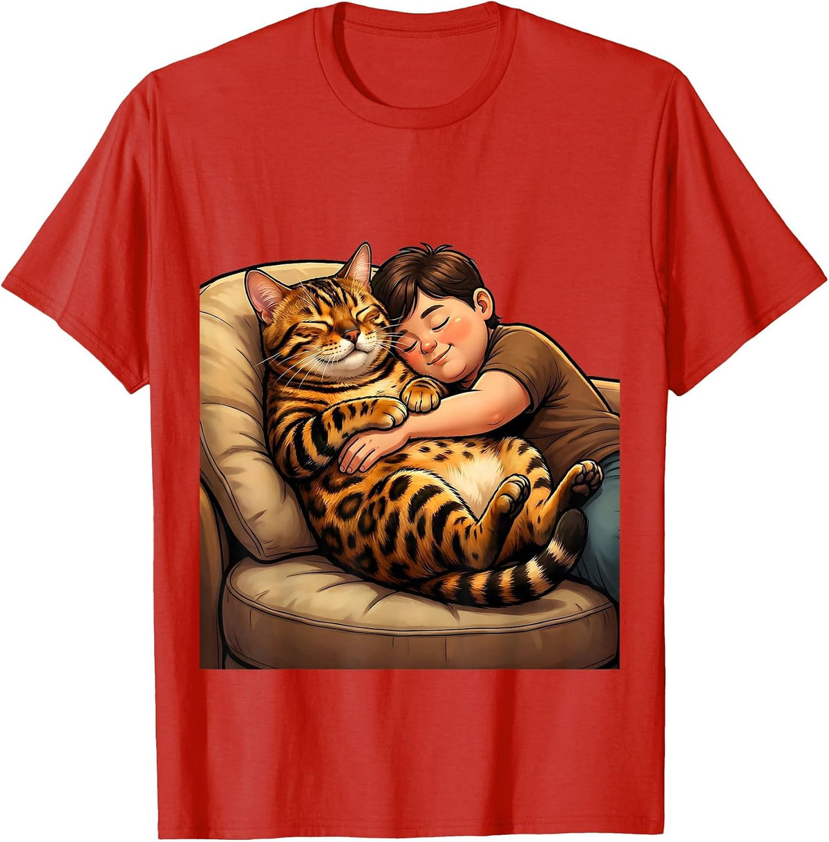 Men's Bengal Cat Napping With Owner Cozy Couch Scene T-Shirt - Red