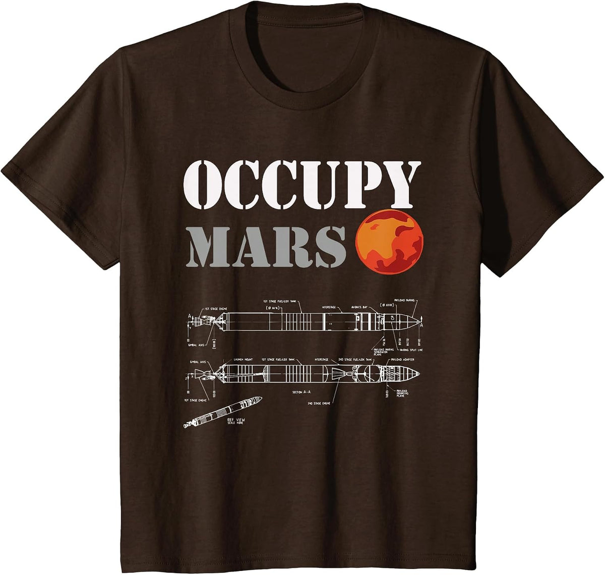 Occupy Mars - Rocket Blueprint Mans Woman's Kids T-Shirt - Brown
