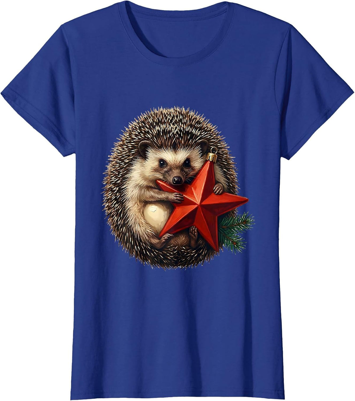 Women's Rounded Hedgehog Hugging Star Cute Christmas Animal Lover T-Shirt - Royal Blue