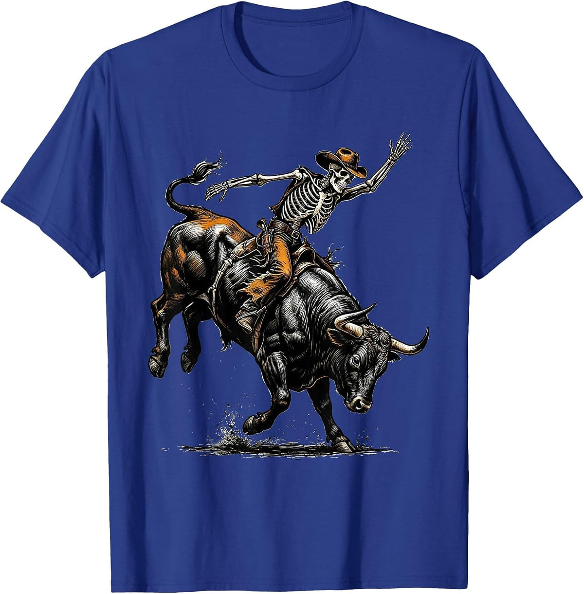 Men's Skeleton Cowboy Riding Bucking Bull Rodeo Art T-Shirt - Royal Blue