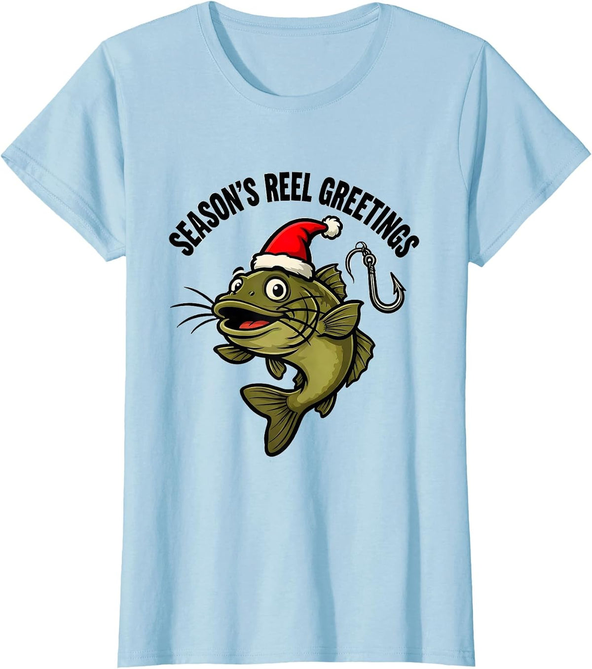 Season's Reel Greetings Cartoon Fishing Christmas Funny T-Shirt - Baby Blue