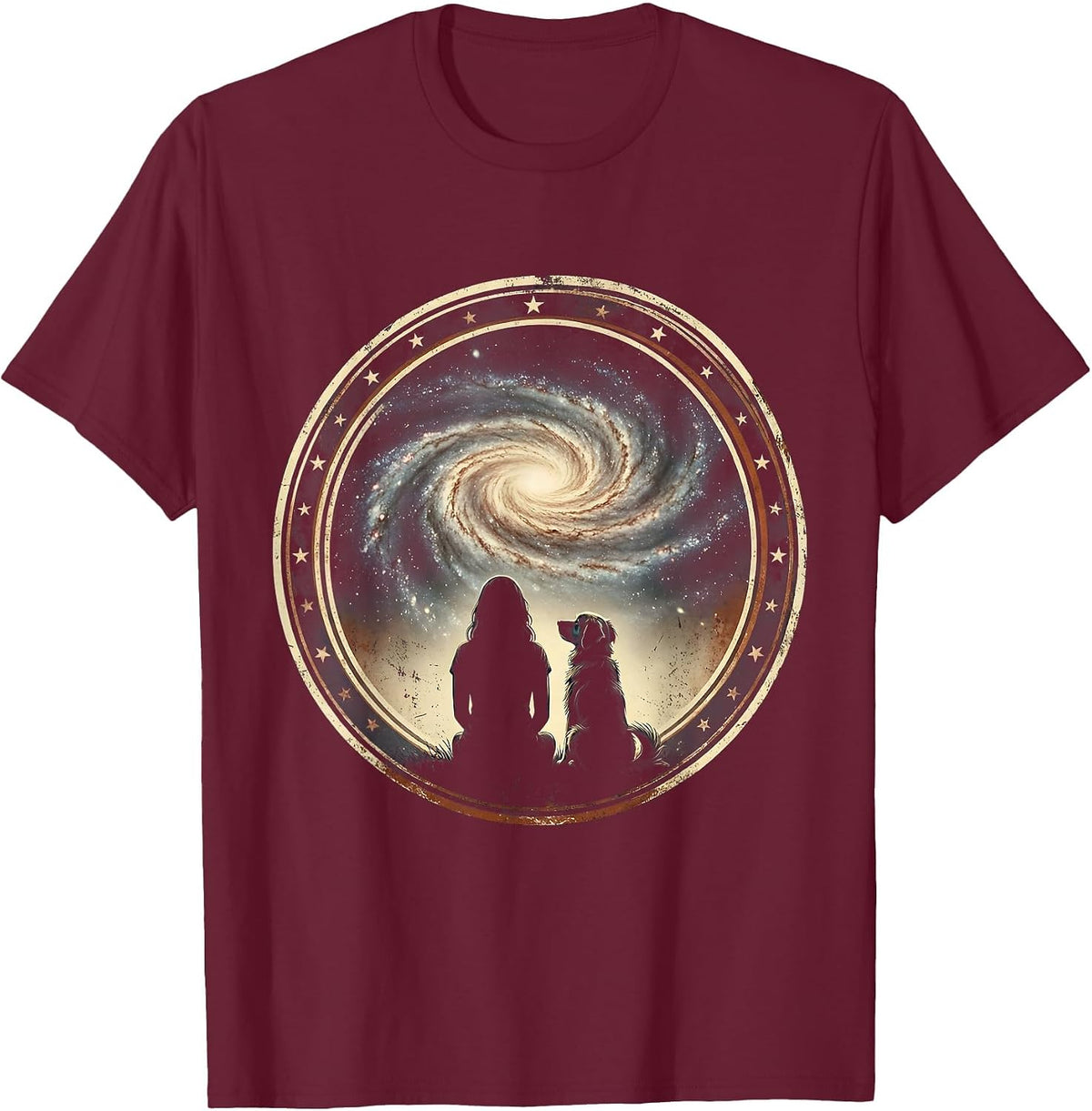 Woman and Dog Gazing at Starry Galaxy Design T-Shirt - Burgundy