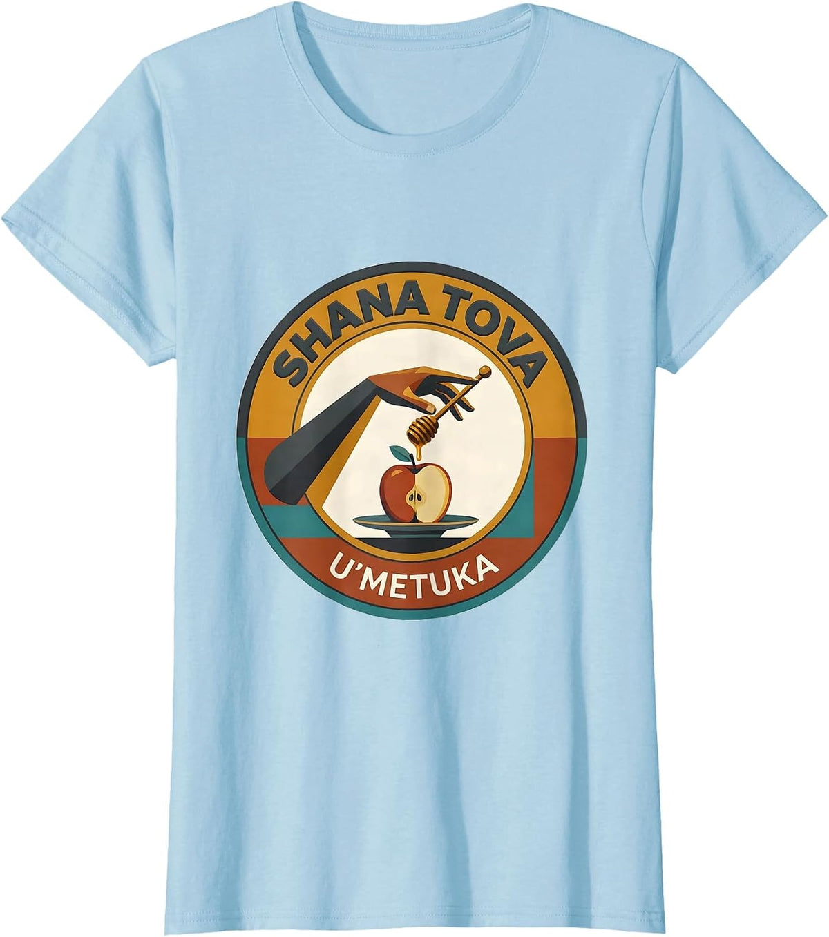 Women's Shana Tova U'Metuka Midcentury Modern Rosh Hashanah Apple T-Shirt - Baby Blue