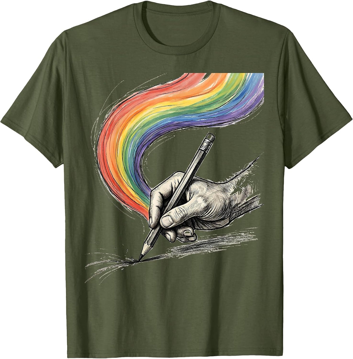 Men's Dyslexia Awareness Rainbow Pencil Trail Graphic T-Shirt - Olive Green