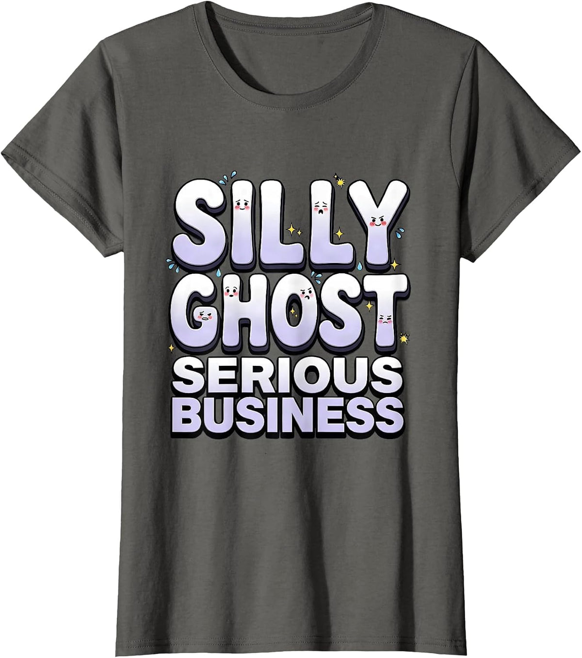 Women's Cute Silly Ghosts Funny Faces Serious Business T-Shirt - Asphalt Grey