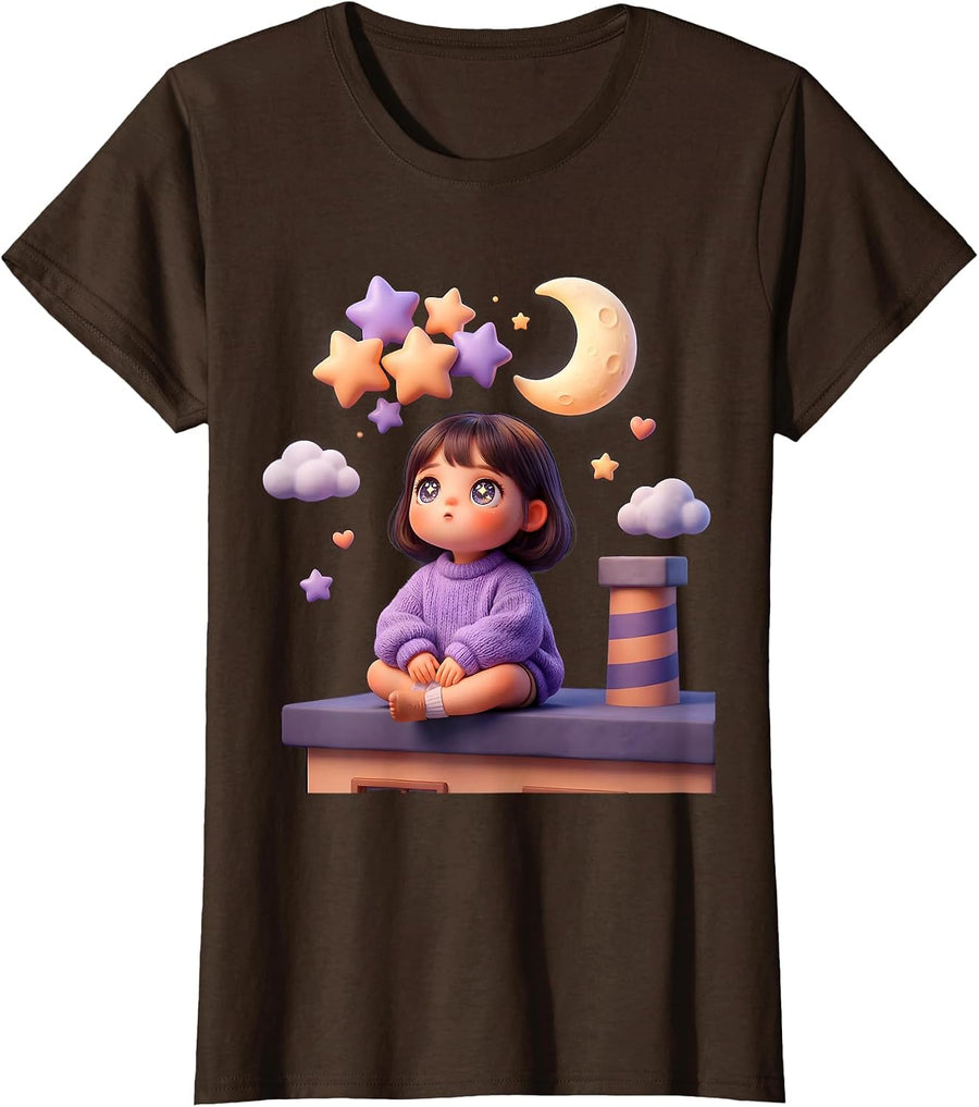 Women's Rooftop Stargazing Night Sky Dreamer Graphic T-Shirt - Brown