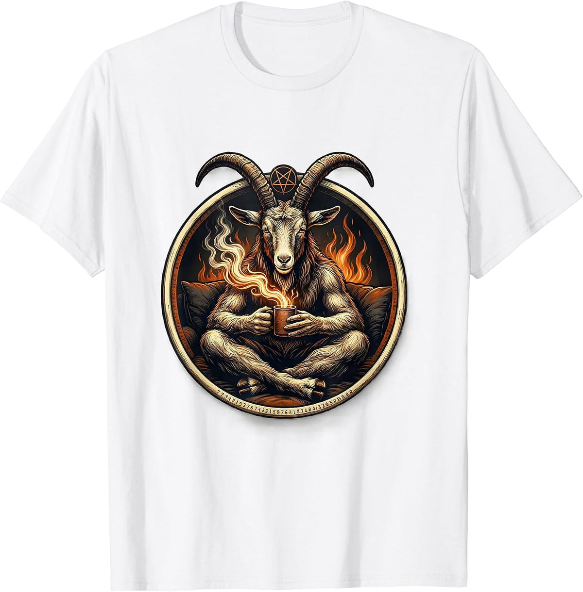Men's Seated Baphomet Badge Occult Satanic Goat Head T-Shirt - White