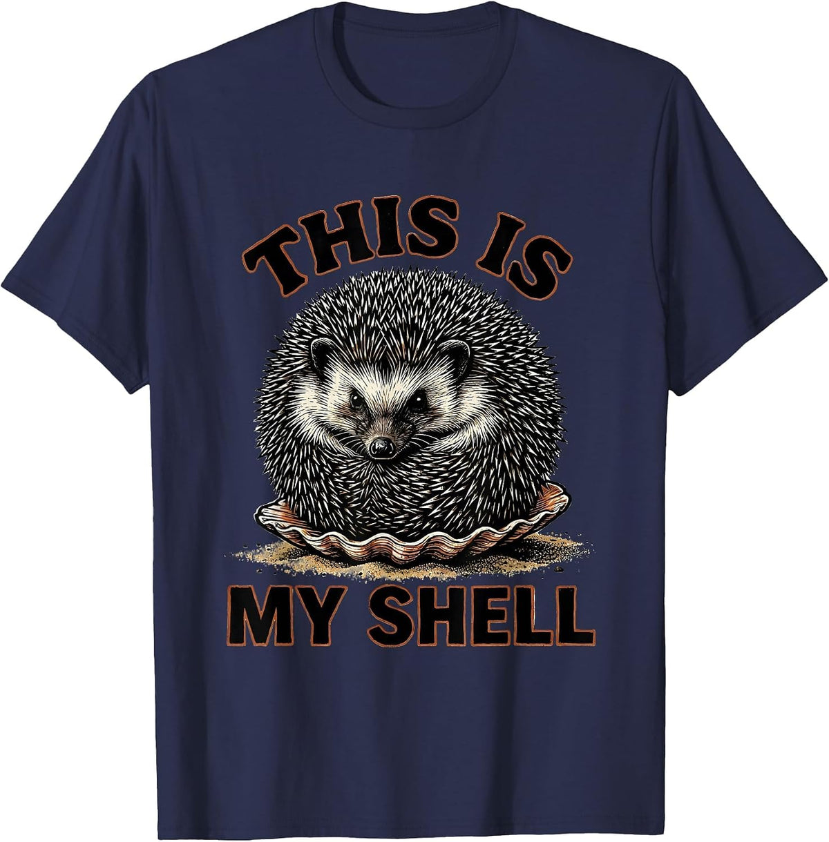 Men's This Is My Shell Linocut Funny Hedgehog Lover Quirky Humor T-Shirt - Navy Blue