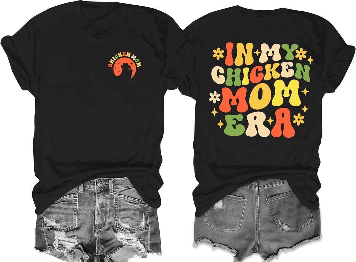 Mama Shirts for Women in My Chicken Mom Era Tee Funny Letter Print Mother's Day Casual Short Sleeve Tops - Black