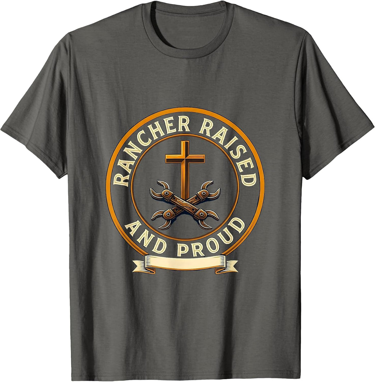 Rancher Raised and Proud Cowboy Design T-Shirt - Asphalt Grey