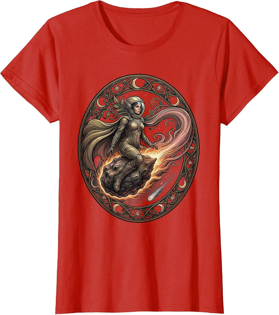 Women's Astronaut Riding Meteor Space Explorer Graphic T-Shirt - Red