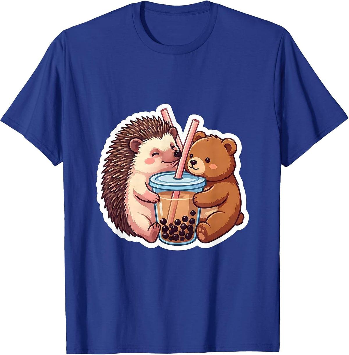 Hedgehog and Bear Boba Tea Kawaii Anime Girls Cute T-Shirt - Royal Blue