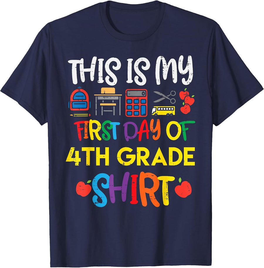 My First Day of 4th Grade Shirt Fourth School Boys Girls T-Shirt - Navy Blue