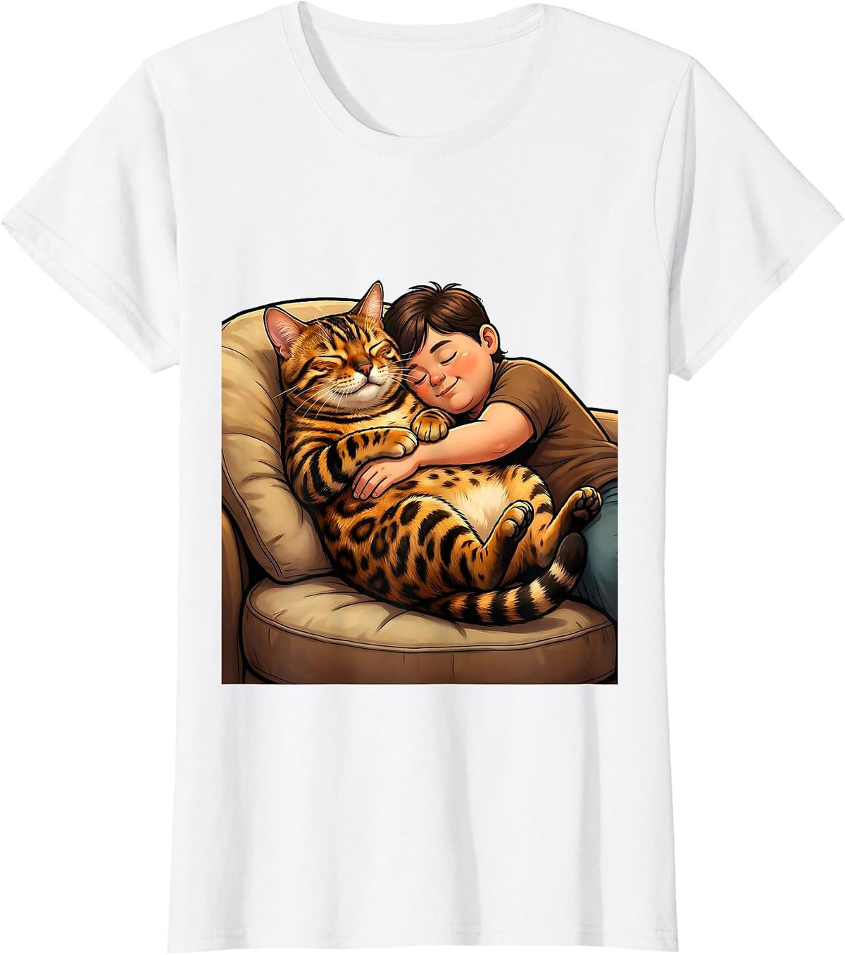 Women's Bengal Cat Napping With Owner Cozy Couch Scene T-Shirt - White
