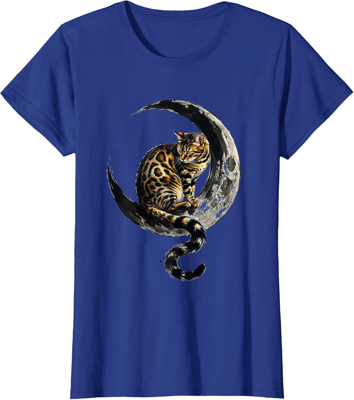 Women's Bengal Cat on Crescent Moon Lover Gift T-Shirt - Royal Blue