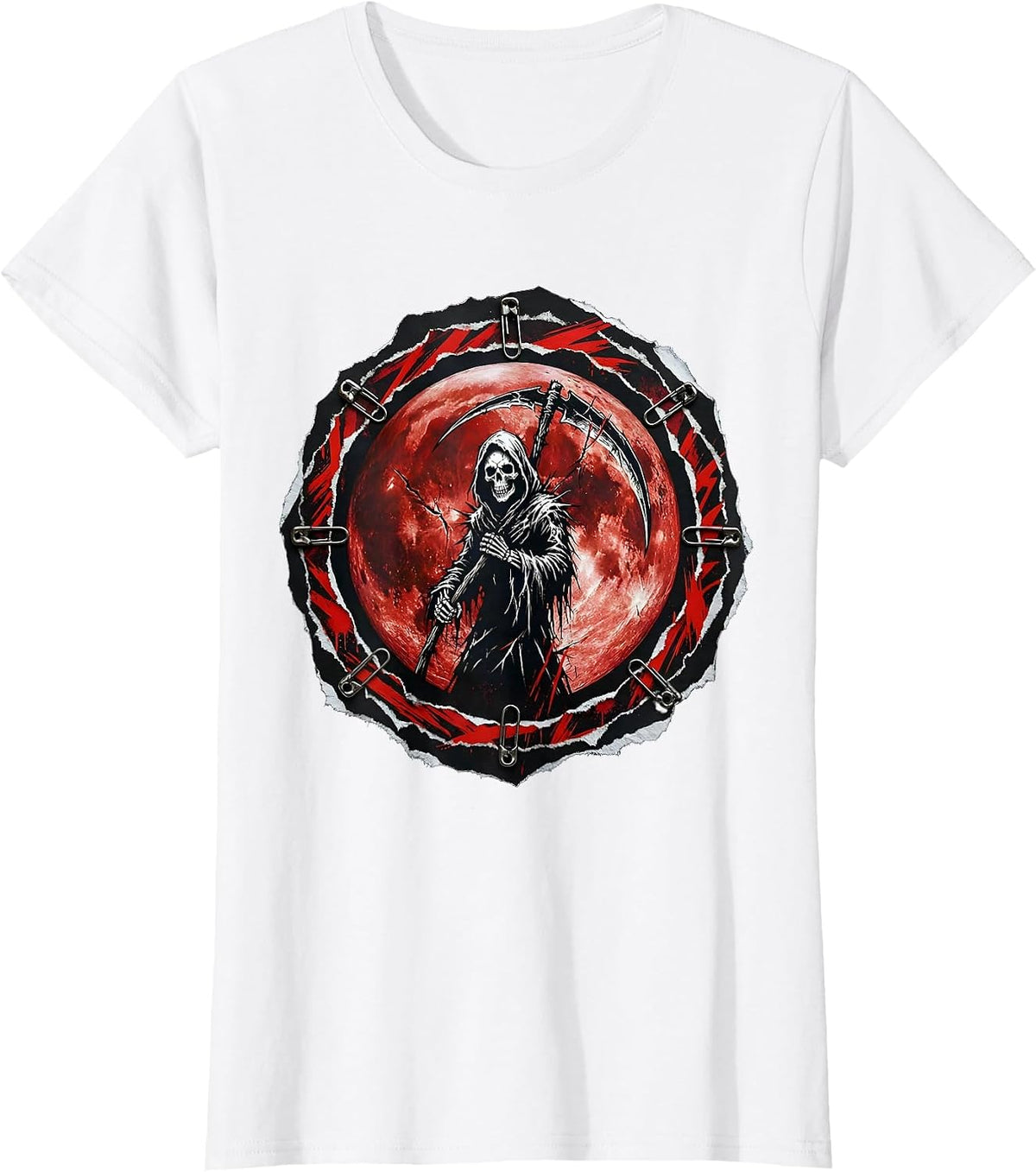 Grim Reaper Blood Moon Metal Graphic T-Shirt - White