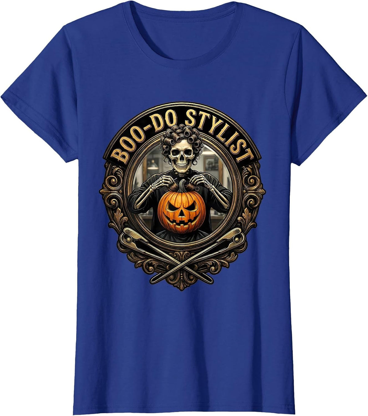 Women's Boo-Do Stylist Skeleton Hairstylist Halloween Barber Humor T-Shirt - Royal Blue