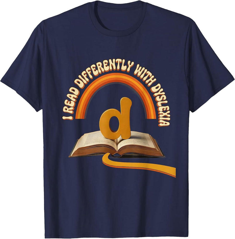 I Read Differently With Dyslexia Retro 70s Dyslexia T-Shirt - Navy Blue