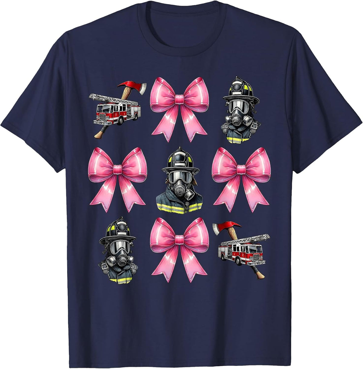 Coquette Bow Firefighting Firefighter Fire Truck Mom Girl T-Shirt - Navy Blue