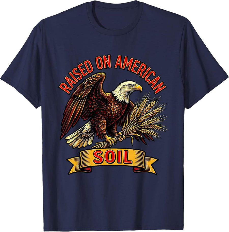 Raised on American Soil Patriotic USA Design T-Shirt - Navy Blue