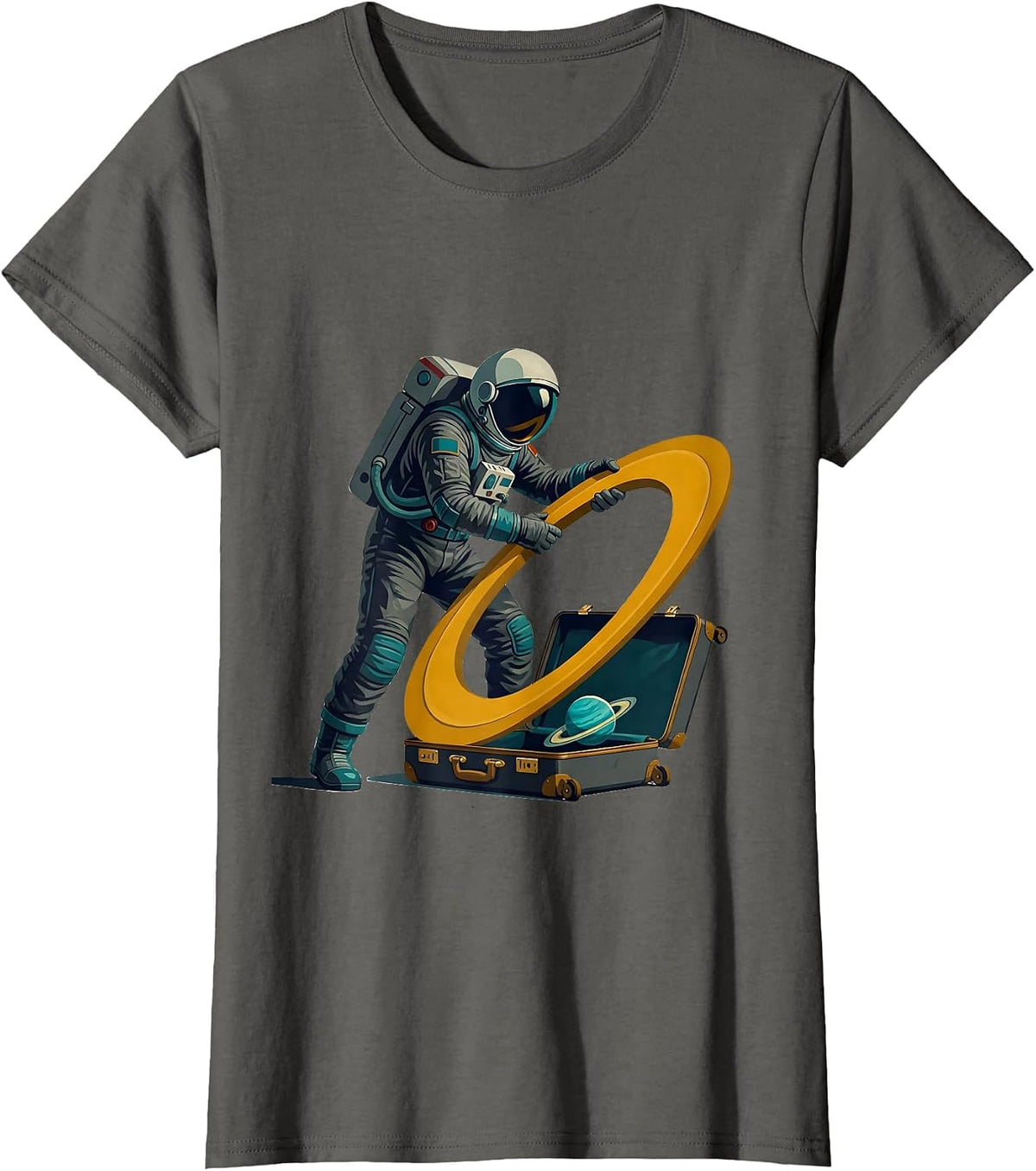 Women's Suited Astronaut Orbit Humor Midcentury Modern Space Lover T-Shirt - Asphalt Grey