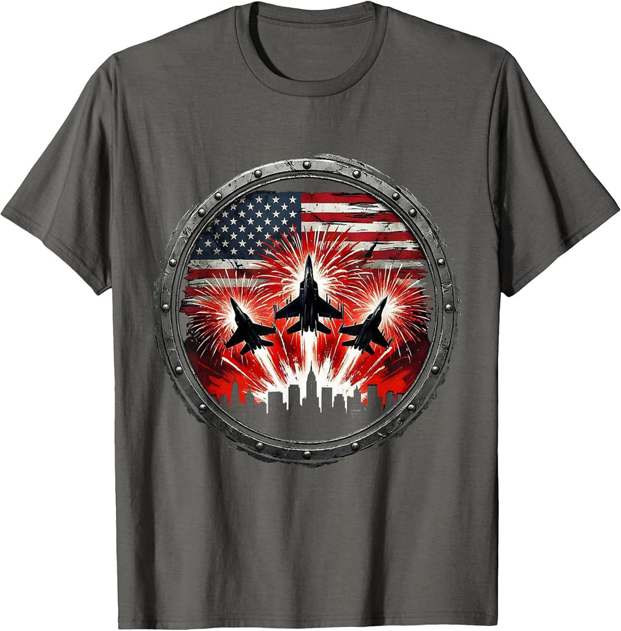 Red White and Blue Fireworks City Skyline T-Shirt - Asphalt Grey