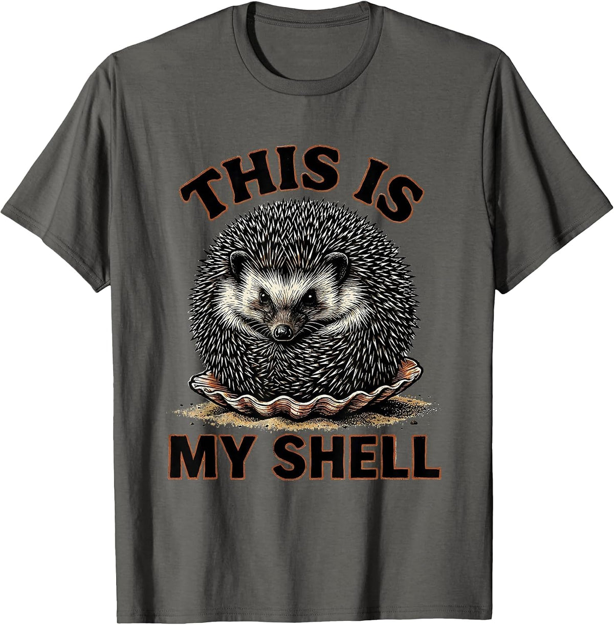 Men's This Is My Shell Linocut Funny Hedgehog Lover Quirky Humor T-Shirt - Asphalt Grey