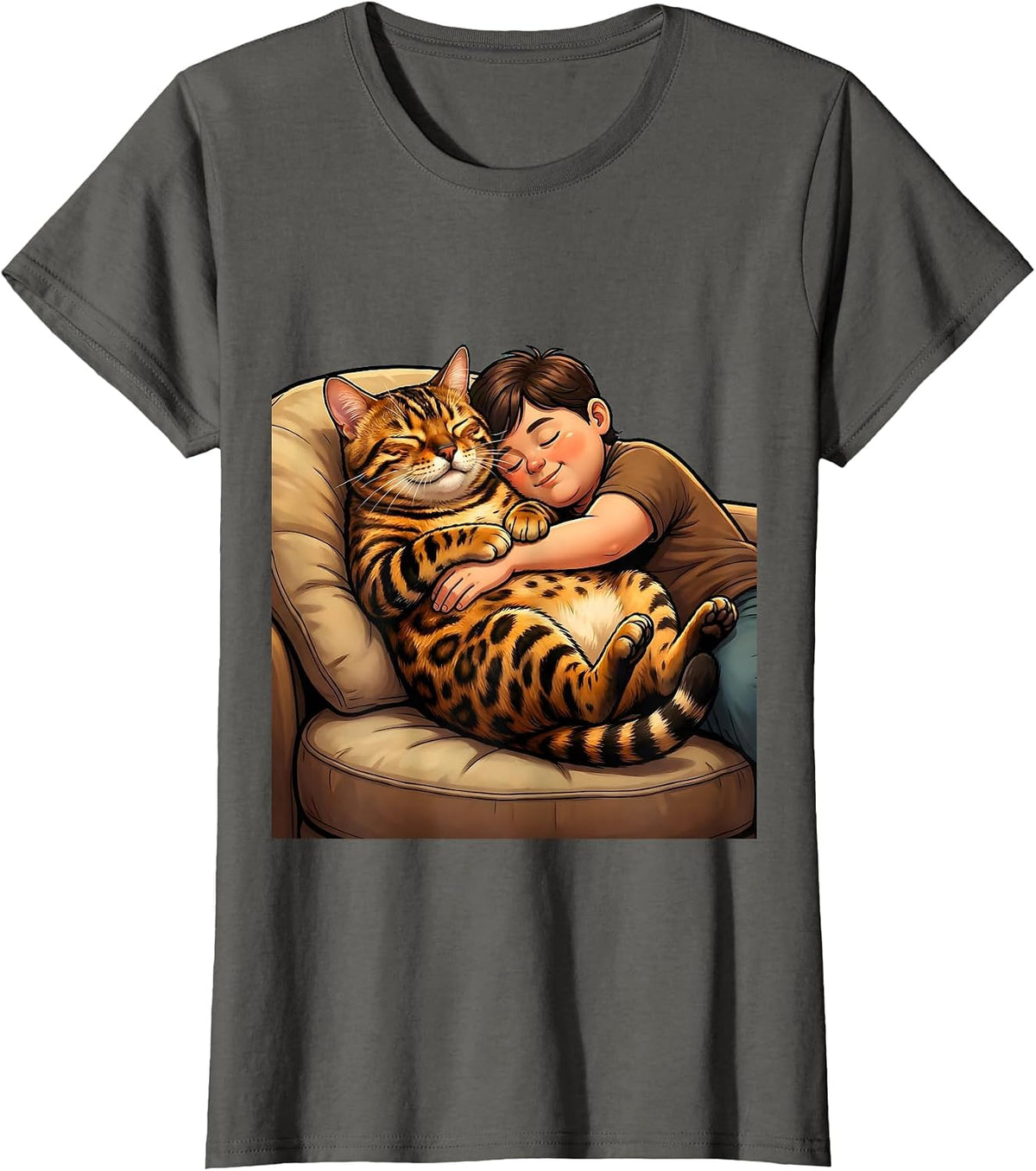 Women's Bengal Cat Napping With Owner Cozy Couch Scene T-Shirt - Asphalt Grey